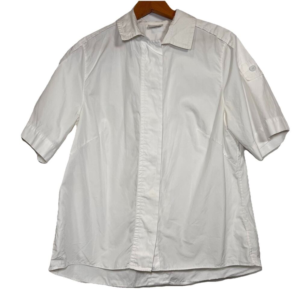 Akris Punto Shirt Size 14 White Collared Short Sleeve Button-Up Cotton Coastal
